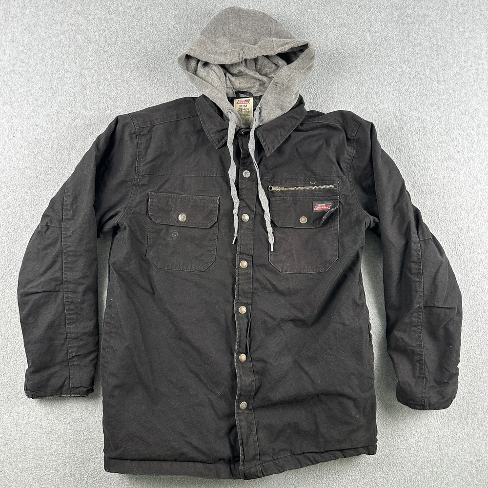 Dickies Jacket Mens M Black Hooded Canvas Quilted Lined Workwear Shirt Jacket